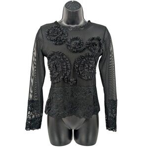 Lace Rosette Mesh Sheer Top Women Size 3  Romantic Goth French Designer Coquette